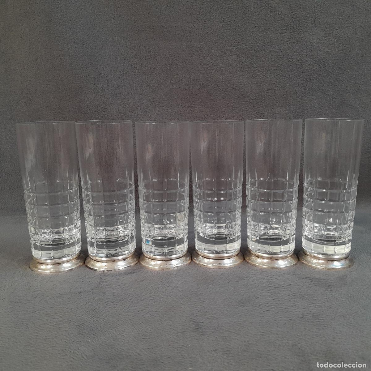 Oggetti Antichi: JUEGO DE SEIS VASOS TALLADOS CON BASE DE PLATA. SIGLO XX