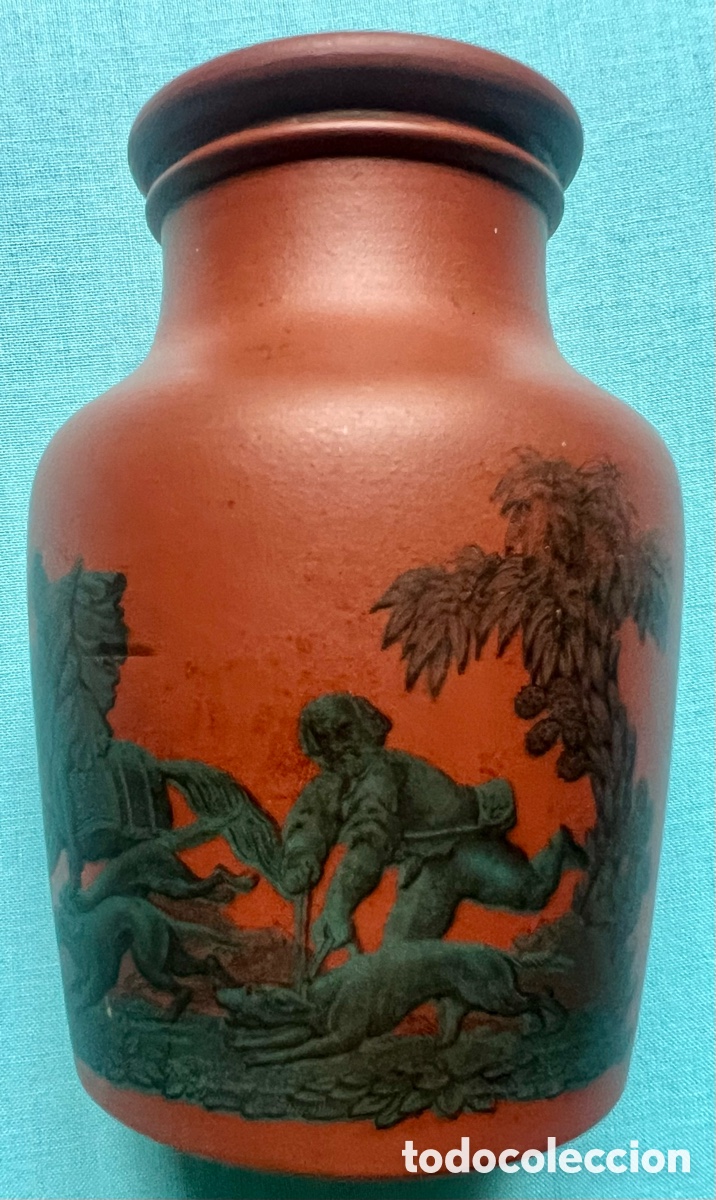 Antig&uuml;edades: Antiguo Tarro Terracota Inglesa Prattware S.XIX. Caza Del Jabal&iacute;. Perfecto