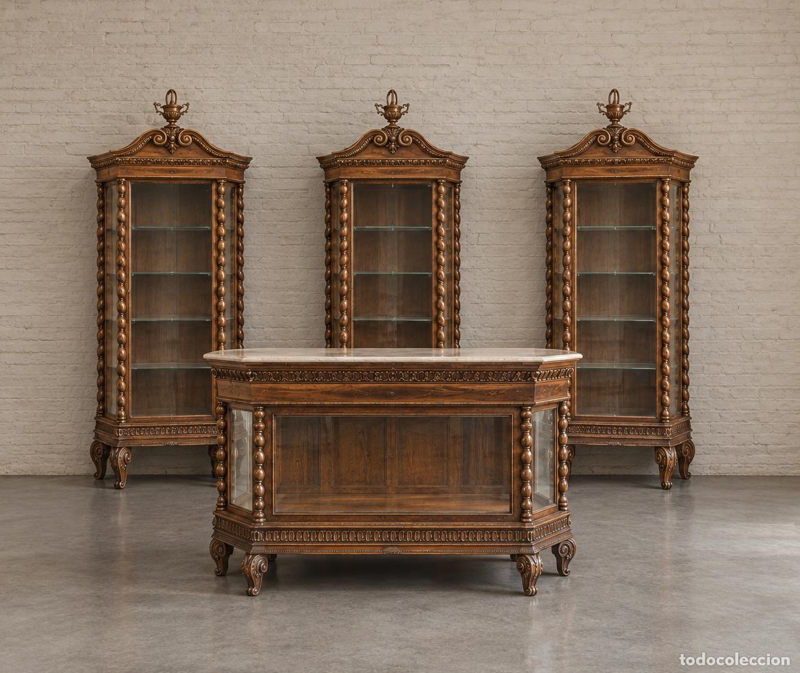 Oggetti Antichi: Conjunto Muebles antiguos Farmacia Botica. Mostrador antiguo + 3 Vitrina antigua ingl&eacute;s Victoriano