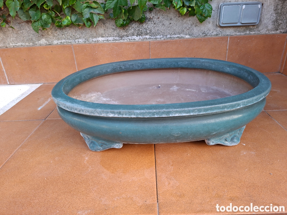 Antig&uuml;edades: Gran Maceta Ovalada para Bons&aacute;i - Cer&aacute;mica Esmaltada Verde - 51x39x12 cm