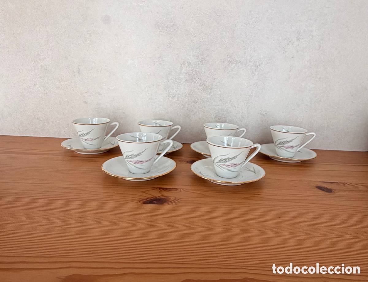 Antig&uuml;edades: Juego 6 tazas de caf&eacute; vintage El Blanco y Negro &ndash; porcelana dorada