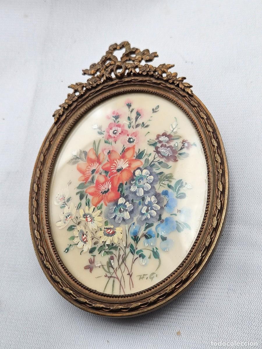 Antig&uuml;edades: ANCIEN CADRE STYLE LOUIS XVI PEINTURE MINIATURE BOUQUET DE FLEURS SIGNEE