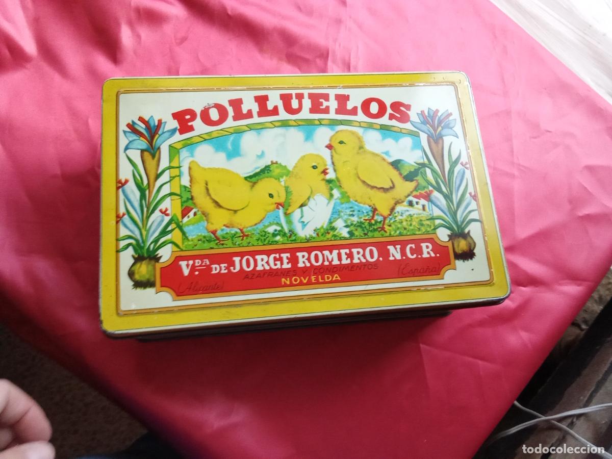 Antig&uuml;edades: Antigua caja Jorge Romero Polluelos novelda azafranes y condimentos. Estanteria Correos
