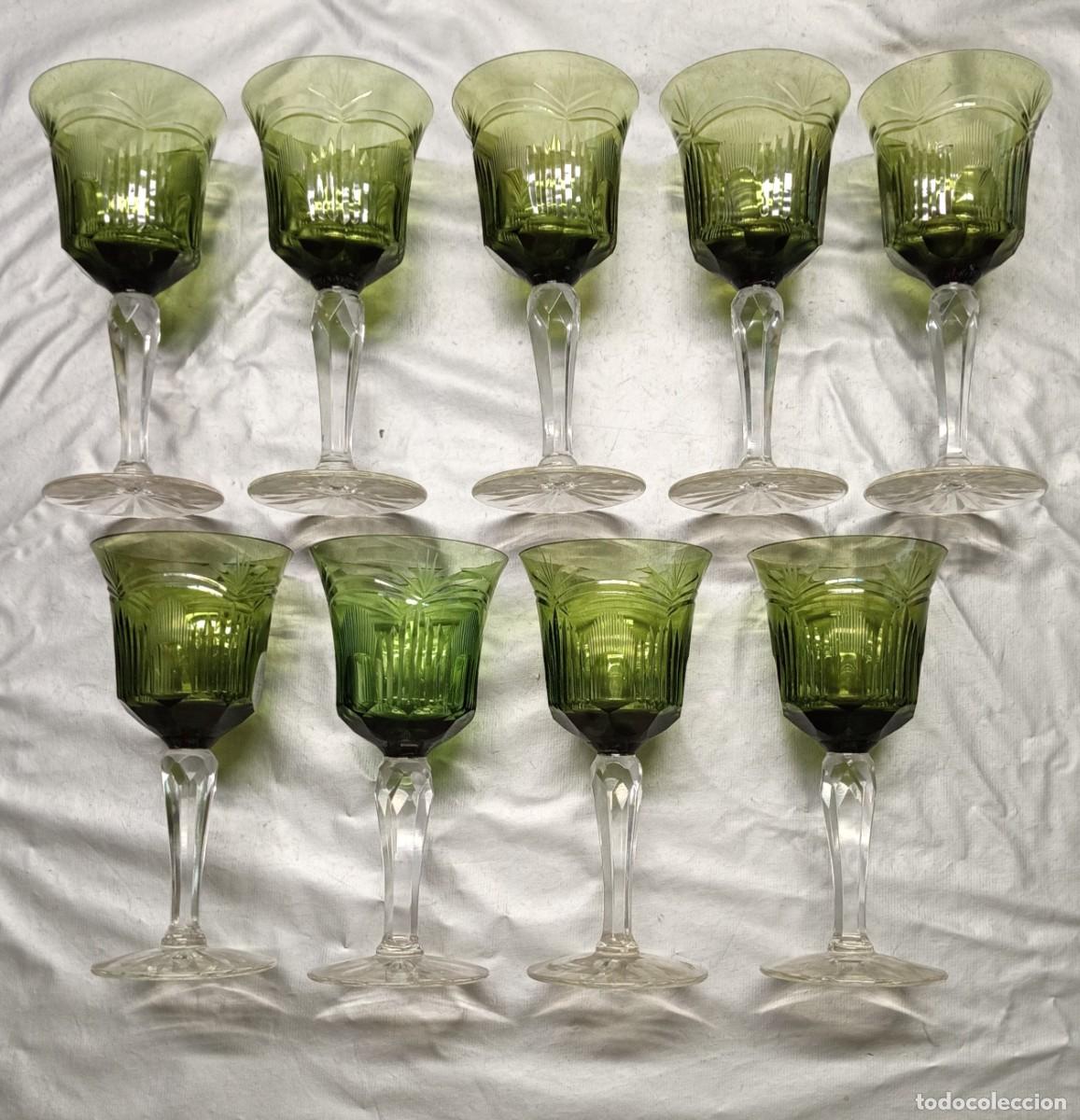 Antig&uuml;edades: Nueve copas vino. Art Dec&oacute;. Cristal tallado.
