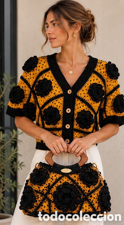 Antig&uuml;edades: Conjunto exclusivo chaqueta crochet y bolso negro y mostaza con flores 3D