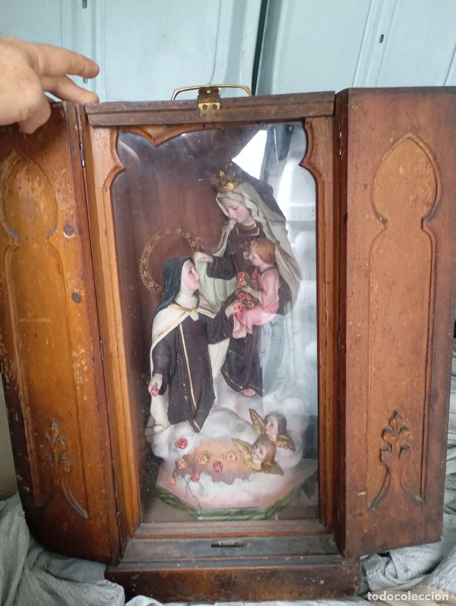 Antig&uuml;edades: hornacina limosnera capillita de visitas anos 20 Virgen del Carmen tallado original sin restaurar