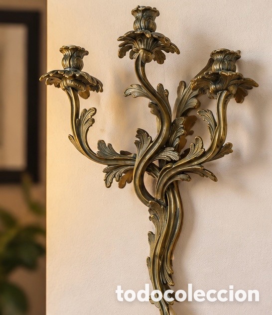 Antig&uuml;edades: Pareja de apliques de pared vintage 3 brazos estilo rococ&oacute;
