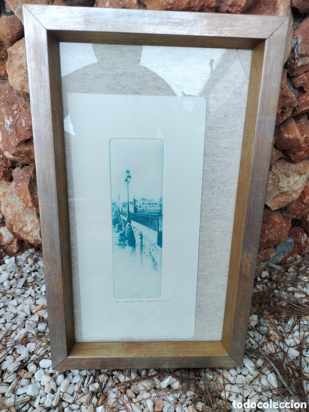 Antig&uuml;edades: Cuadro aguafuerte firmado y enumerado l&aacute;piz. Posibles Sevilla r&iacute;o Guadalquivir puente de Triana