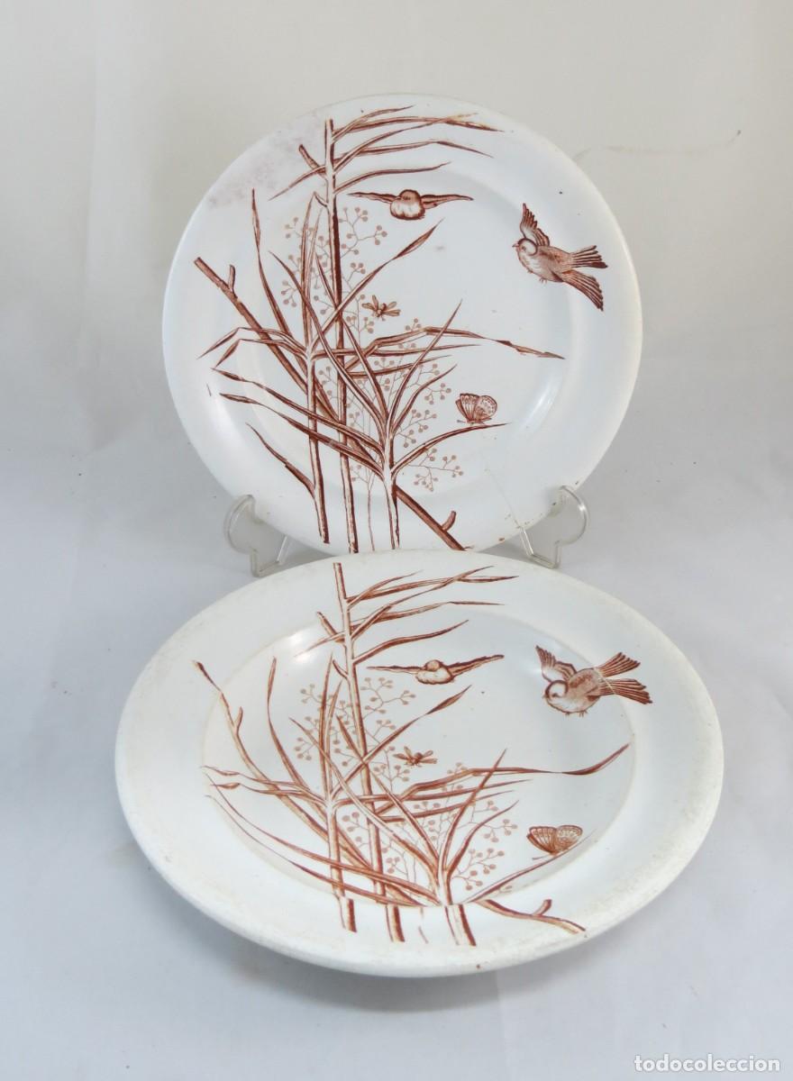 Antig&uuml;edades: Par de Pratos ALC&Acirc;NTARA decorados com p&aacute;ssaros a castanho; 23.5cm