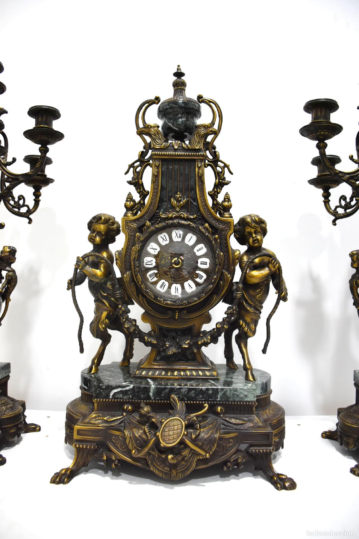Antig&uuml;edades: Guarnicion reloj y candelabros bronce y marmol - Foto 3