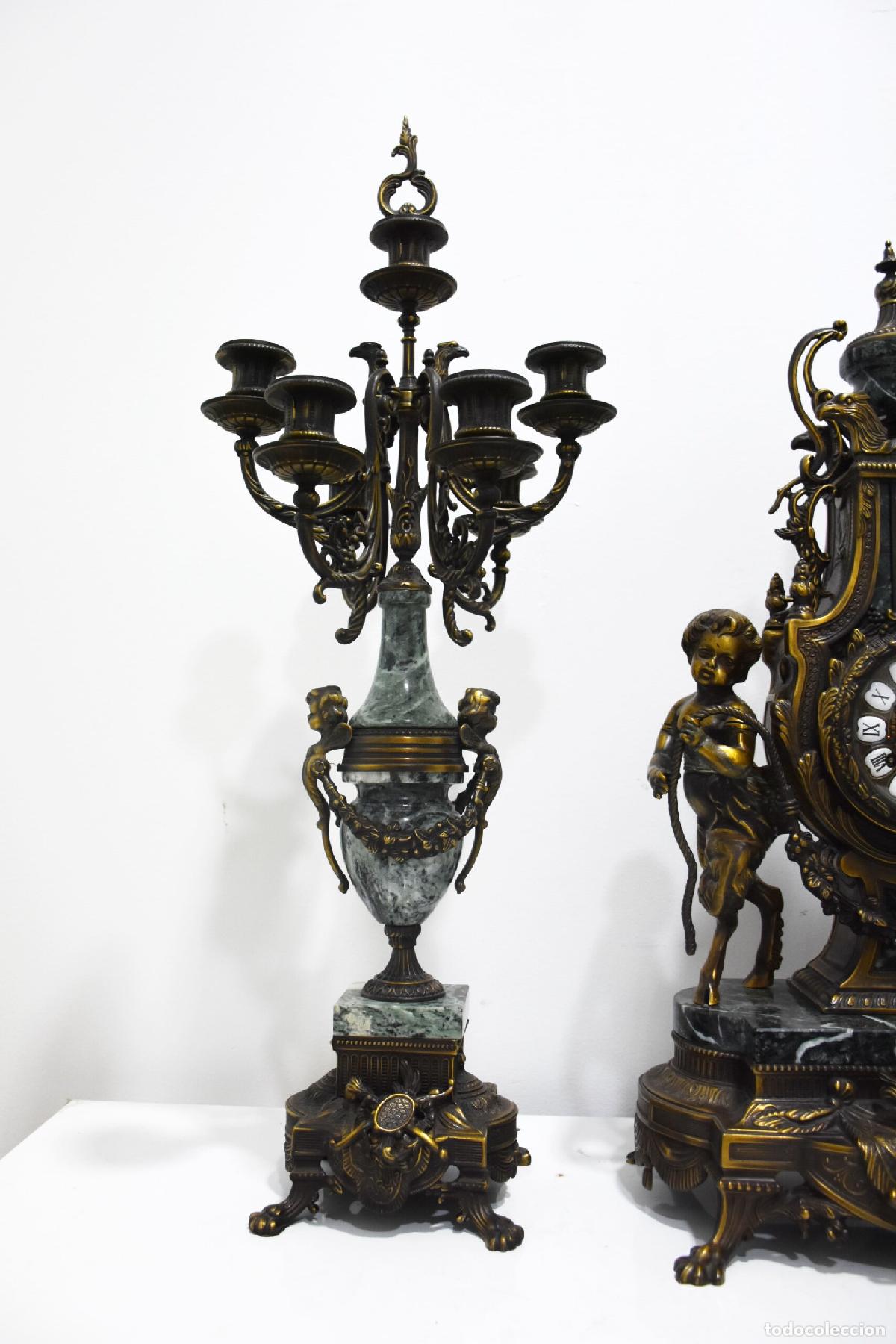Antig&uuml;edades: Guarnicion reloj y candelabros bronce y marmol - Foto 6