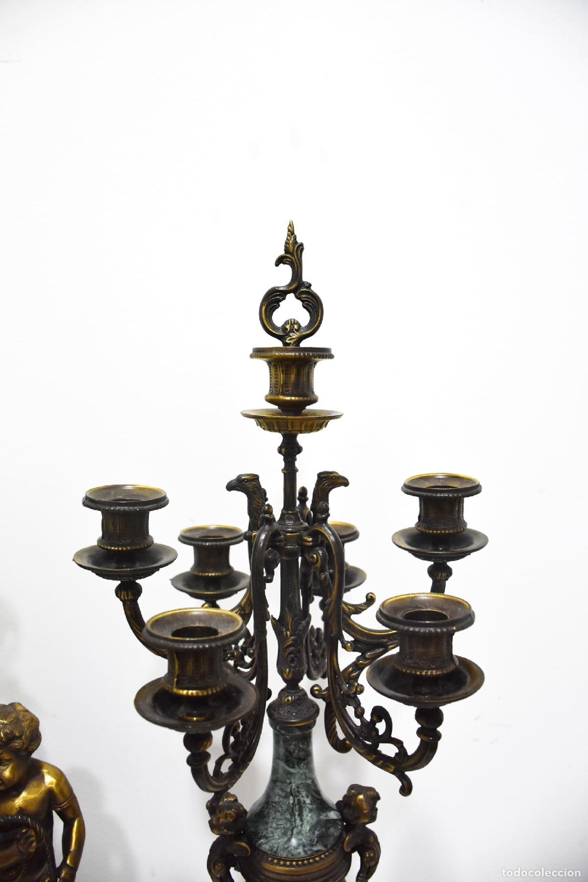 Antig&uuml;edades: Guarnicion reloj y candelabros bronce y marmol - Foto 7