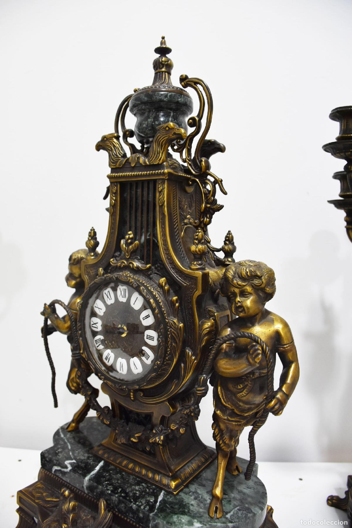 Antig&uuml;edades: Guarnicion reloj y candelabros bronce y marmol - Foto 8