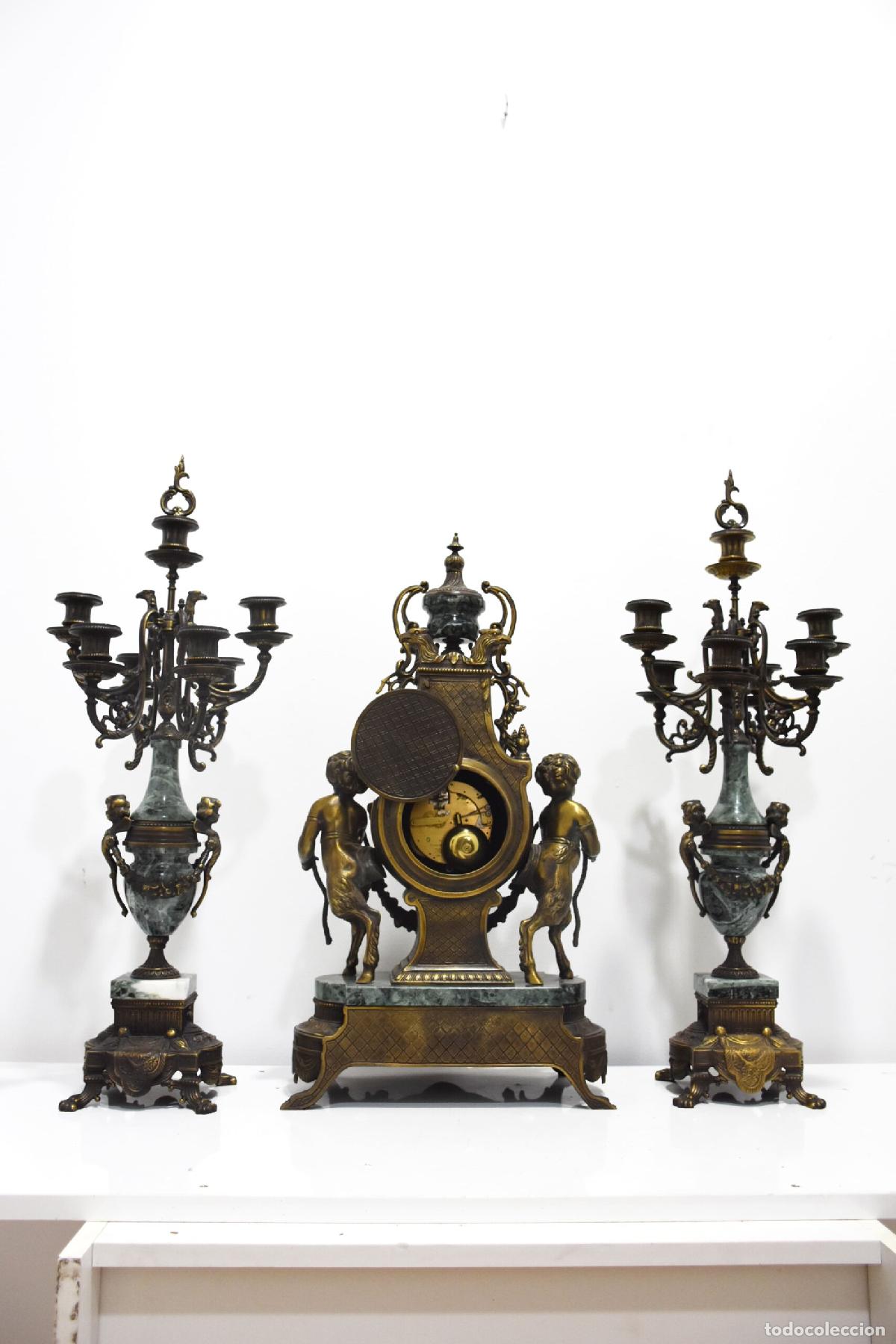 Antig&uuml;edades: Guarnicion reloj y candelabros bronce y marmol - Foto 9