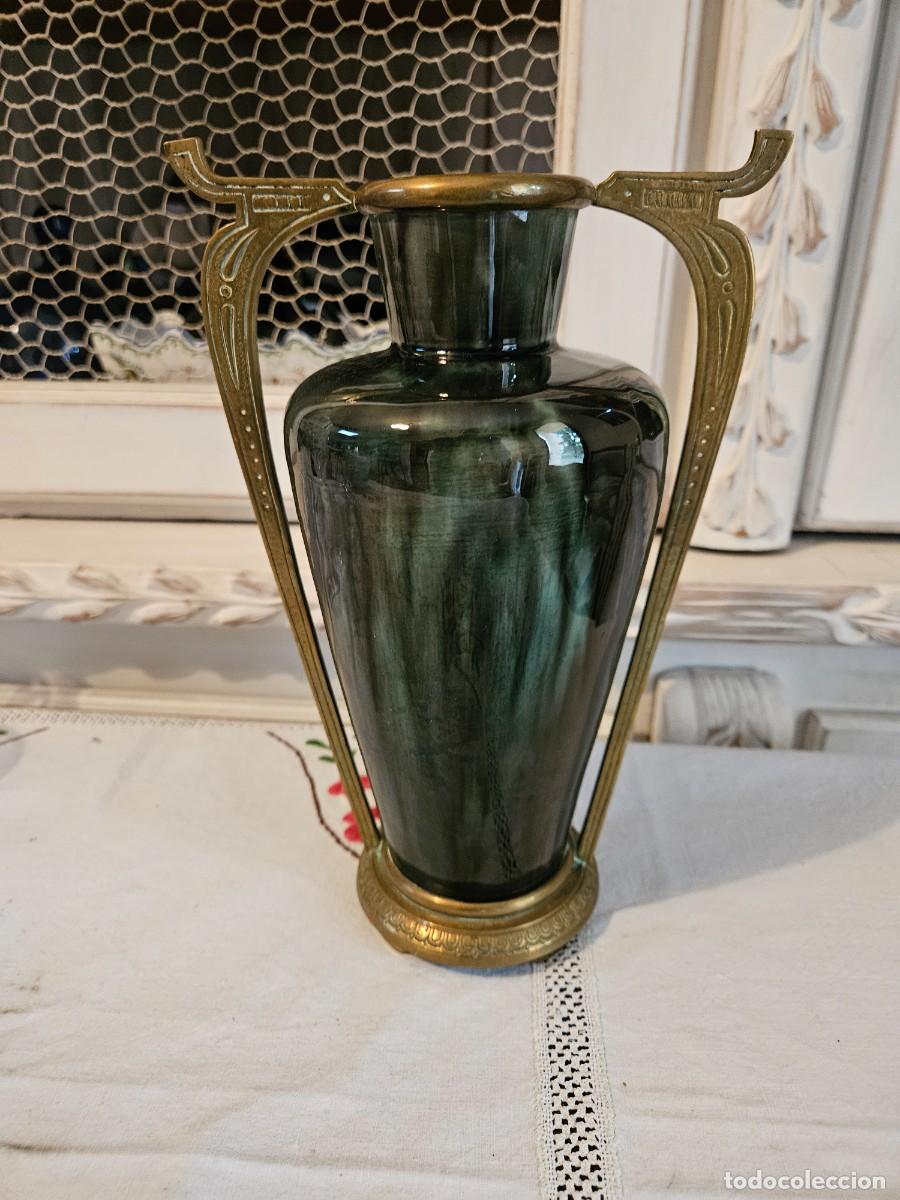 Antig&uuml;edades: ART DECO VASE FORME BALUSTRE EN CERAMIQUE VERTE IRISEE MONTURE LAITON BEL ETAT