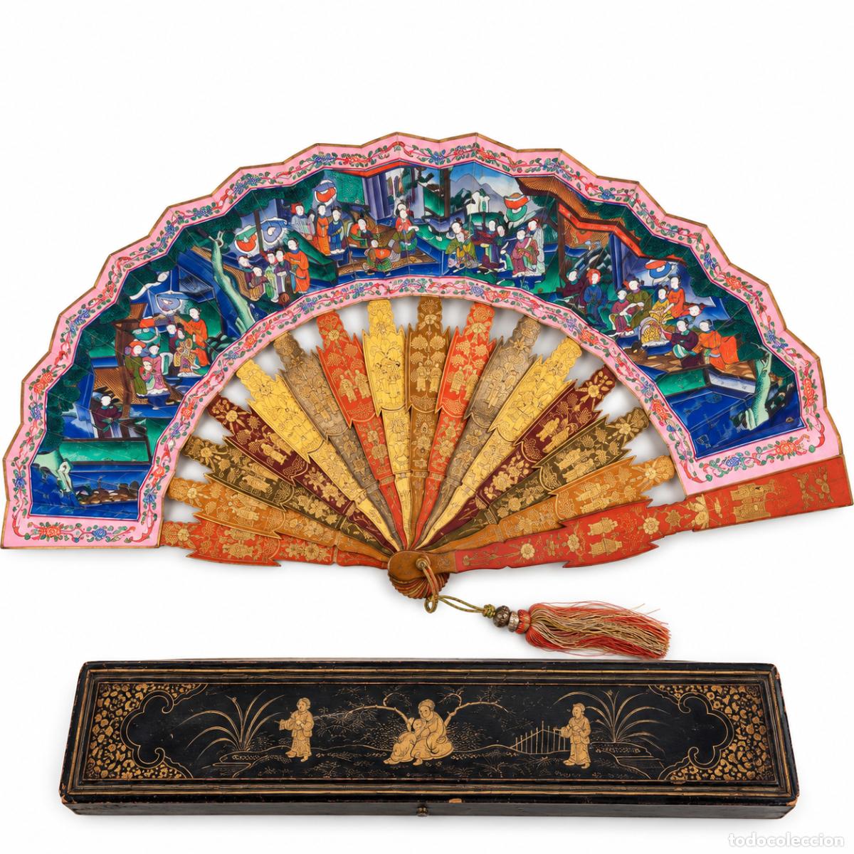 Antig&uuml;edades: Abanico chino mil caras canton&eacute;s varillaje lacado XIX RARO