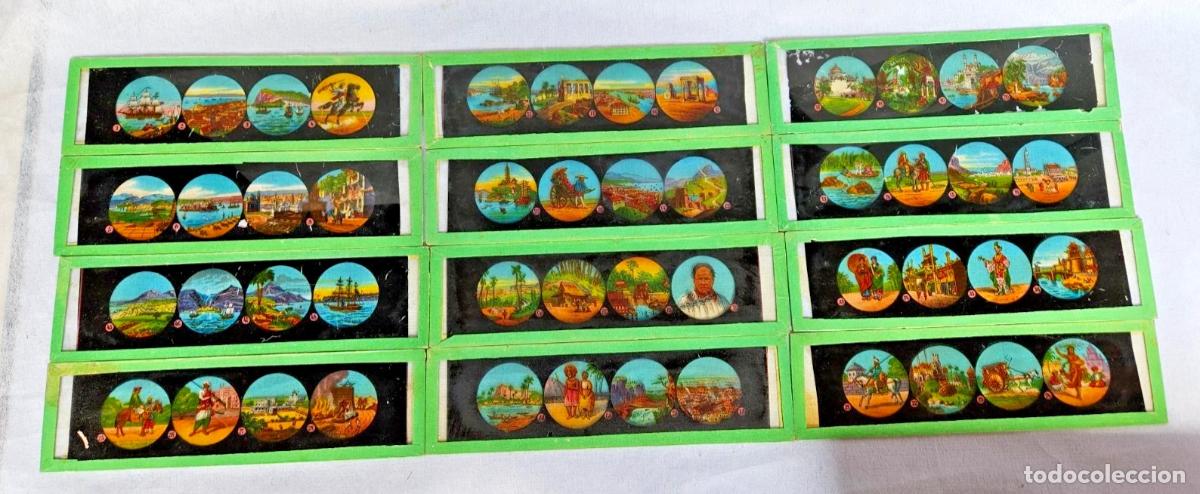 Antig&uuml;edades: SERIE DE 12 PLAQUES VERRES ILLUSTREES POUR LANTERNE MAGIQUE LONGUEUR 19.50 CM