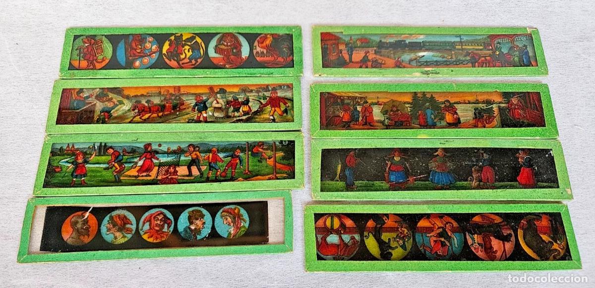 Antig&uuml;edades: ANCIEN LOT DE 8 PLAQUES VERRES ILLUSTREES POUR LANTERNE MAGIQUE 12 X 3 CM