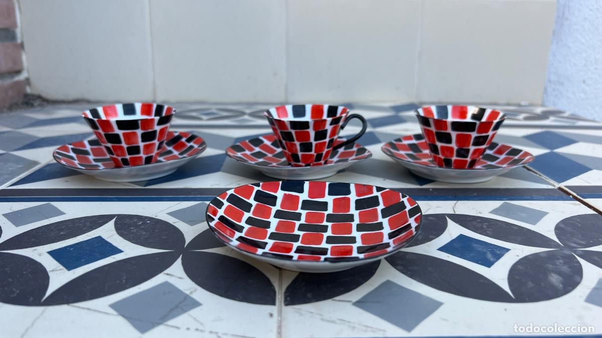 Oggetti Antichi: Juego 3 tazas caf&eacute; o Castro Galicia porcelana dolmen firma r c a&ntilde;os 50 60 4 platillos pinta mano