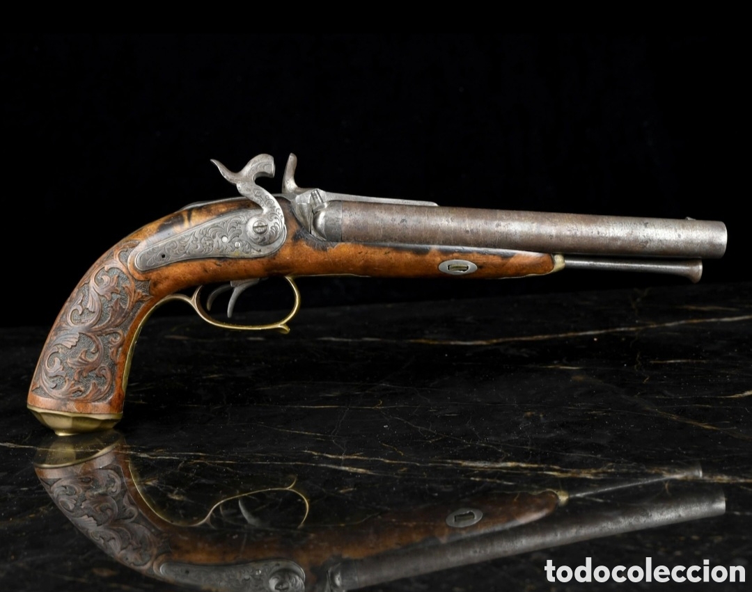 Antig&uuml;edades: Pistola de doble ca&ntilde;&oacute;n de hierro a&ntilde;o 1760 con culata de nogal de 36 cms
