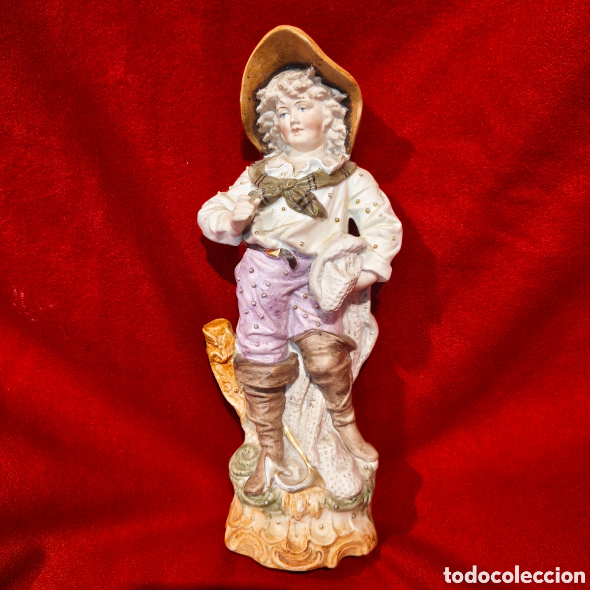 Antig&uuml;edades: Gran Figura Antigua de Porcelana Biscuit Alemana - Joven con Sombrero 27 cm - &iexcl;IMPOLUTA!