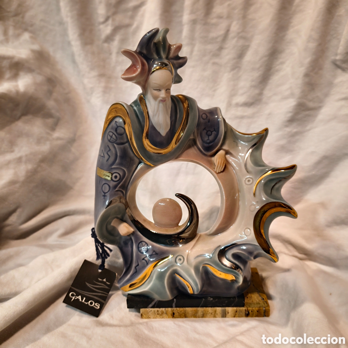 Antig&uuml;edades: Preciosa Figura de Porcelana GALOS &rdquo;El Sol&rdquo; Descatalogada - A&ntilde;os 90 - Oro y Platino - &iexcl;Impoluta!