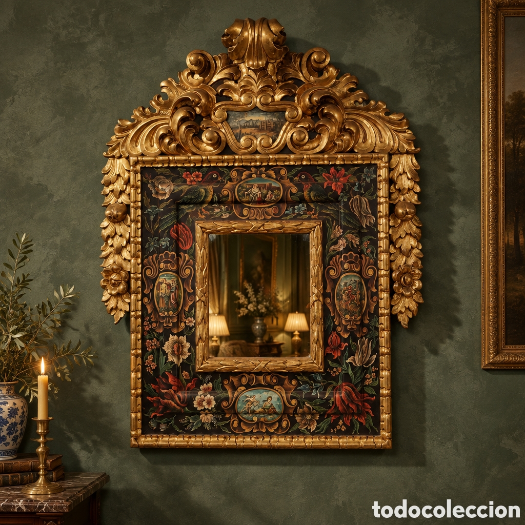 Antig&uuml;edades: ESPEJO ESTILO NEOBARROCO HOLANDES. MADERA TALLADA Y DORADA . MARCO DECORADO CON ESCENAS PINTADAS