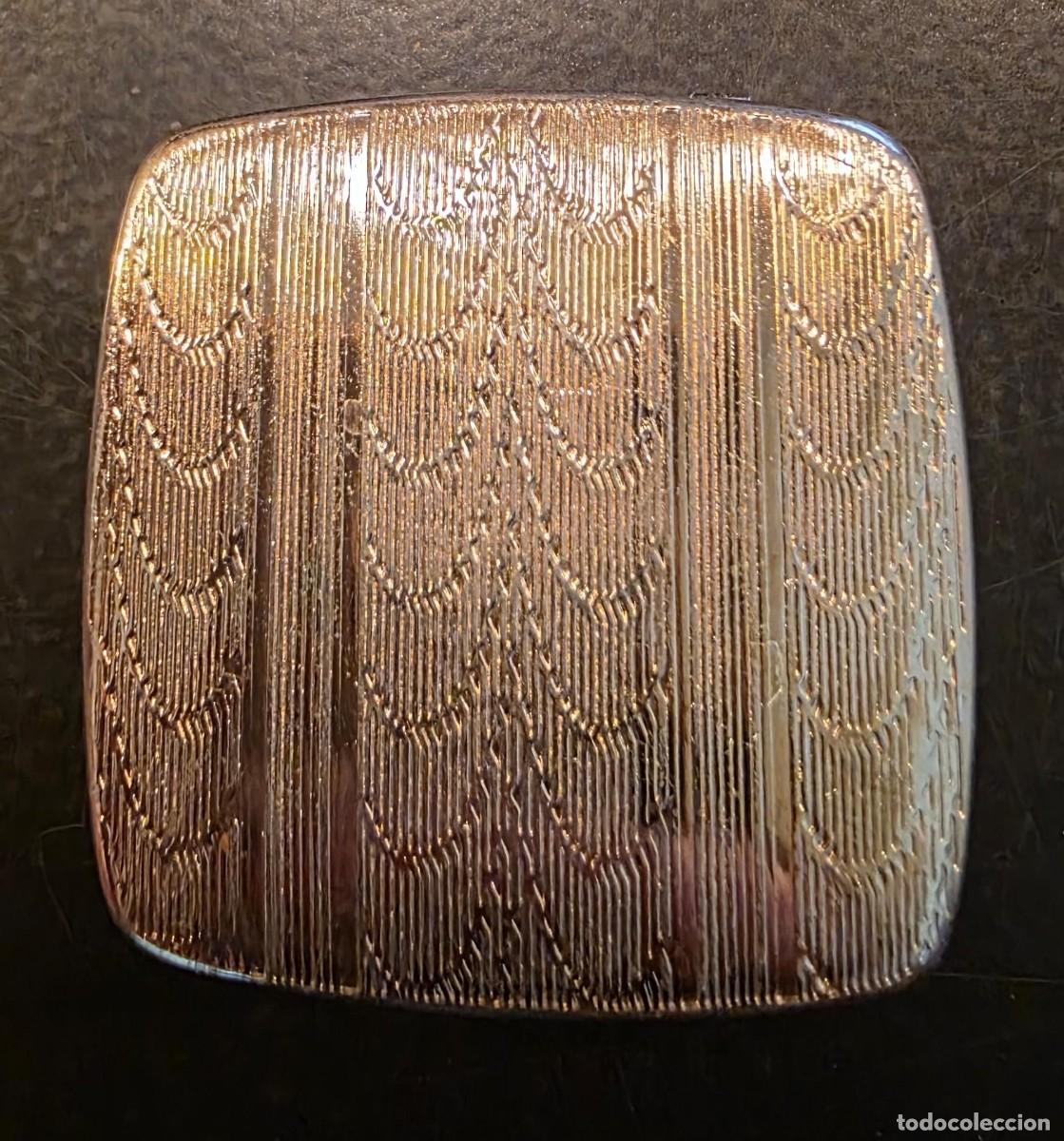 Antig&uuml;edades: Pastillero vintage cuadrado de metal plateado &ndash; Estuche compacto grabado 4 x 1,5 cm