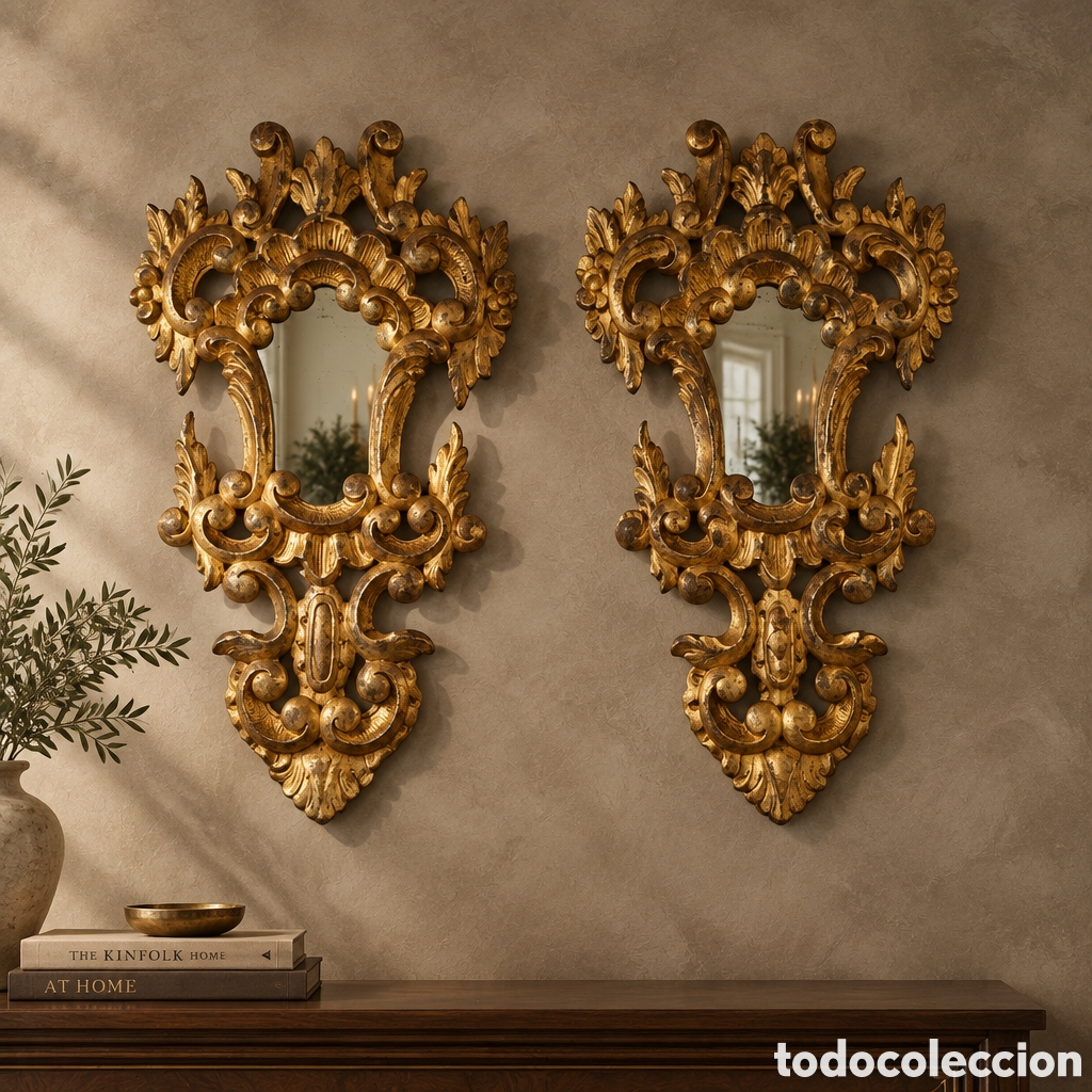 Antig&uuml;edades: ESPECTACULAR PAREJA DE CORNUCOPIAS CON ESPEJO ELABORADAS EN MADERA Y PAN DE ORO