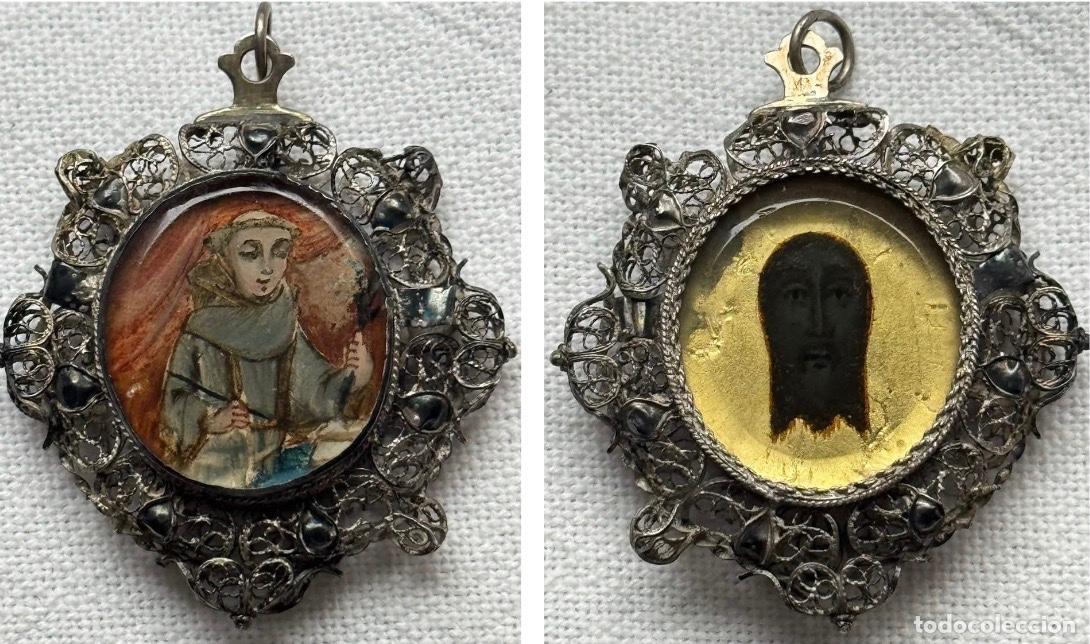 Antig&uuml;edades: RELICARIO BIFAZ CON FILIGRANA DE PLATA - SANTO FRAILE Y SANTA FAZ - SIGLO XVIII