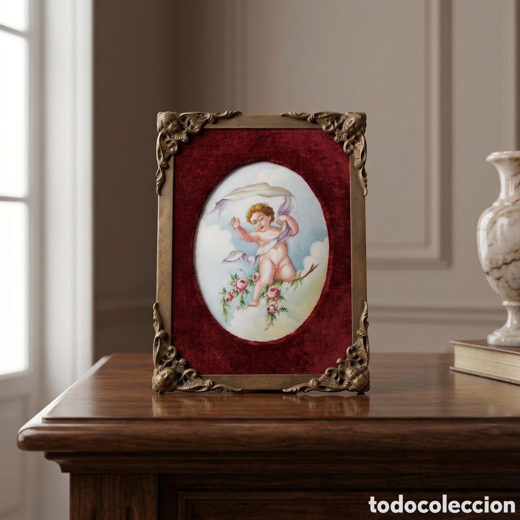 Antig&uuml;edades: MINIATURA PINTADA A MANO Y FIRMADA SOBRE PORCELANA . MARCO DE BRONCE CON ANGELES . SIGLO XIX .