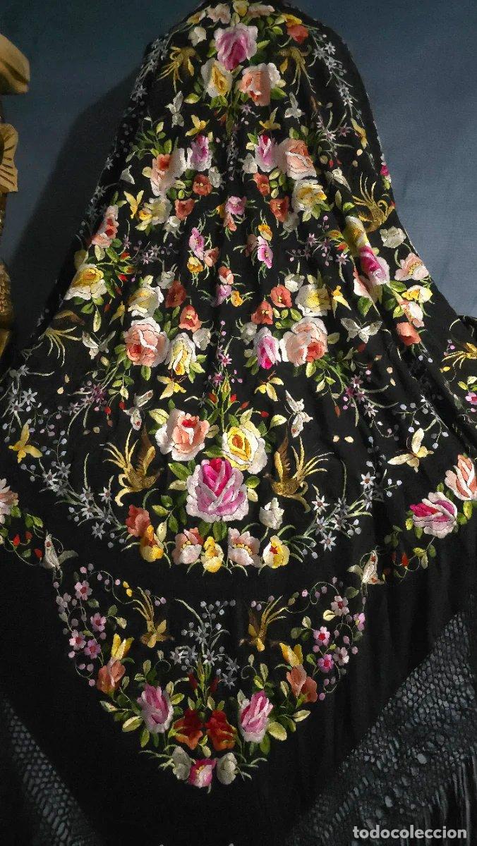 Antig&uuml;edades: Manton de Manila Negro Bordado Flores Aves