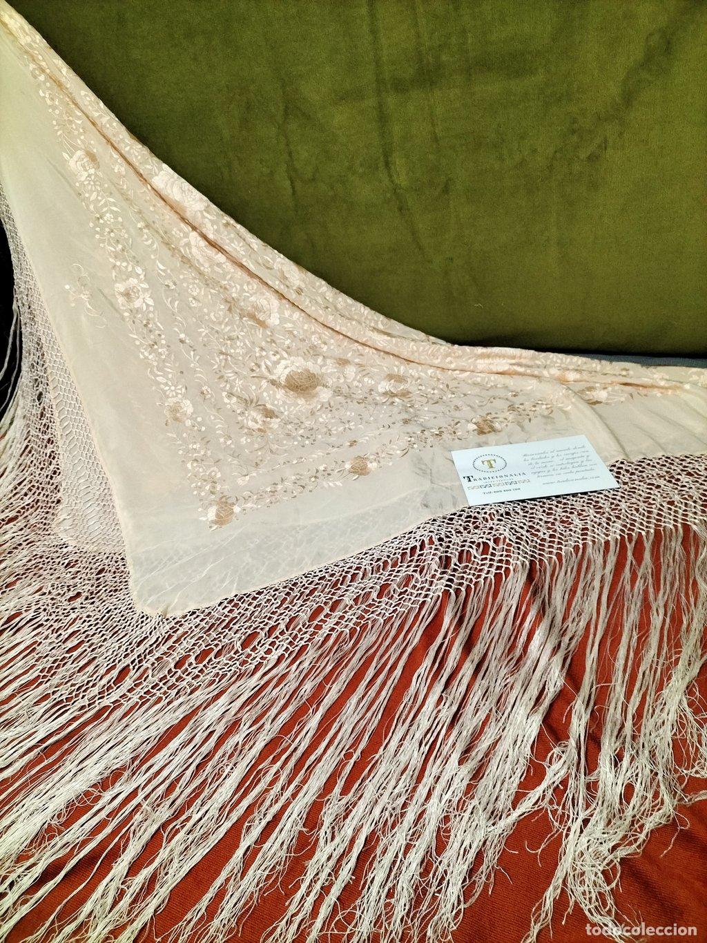 Antig&uuml;edades: Mant&oacute;n de manila de seda color salm&oacute;n - Foto 6