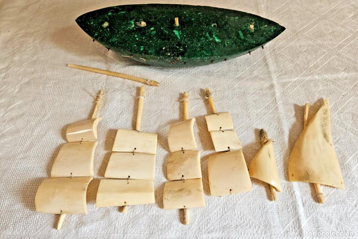 Antig&uuml;edades: GRAND VOILIER 5 MATS EN MALACHITE VOILES EN OS LONGUEUR 29 CM A RESTAURER