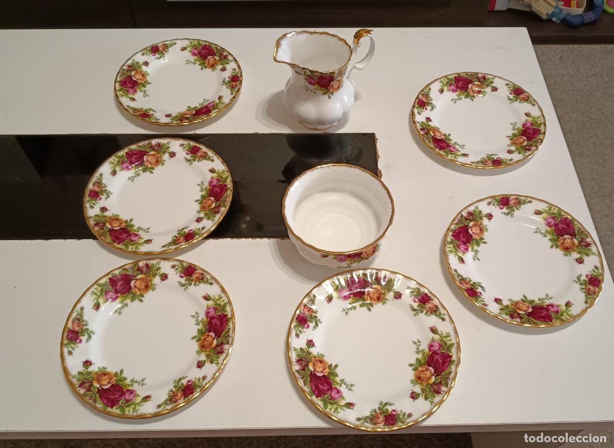 Antig&uuml;edades: PRECIOSO JUEGO DE 6 PLATOS DE POSTRES+AZUCARERO ABIERTO+LECHERA DE PORCELANA FINA DE ROYAL ALBERT