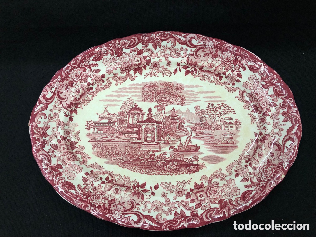 Antig&uuml;edades: Antigua fuente ovalada La Cartuja de Sevilla Pickman S.A. Modelo 202 (Rosa / Guinda)
