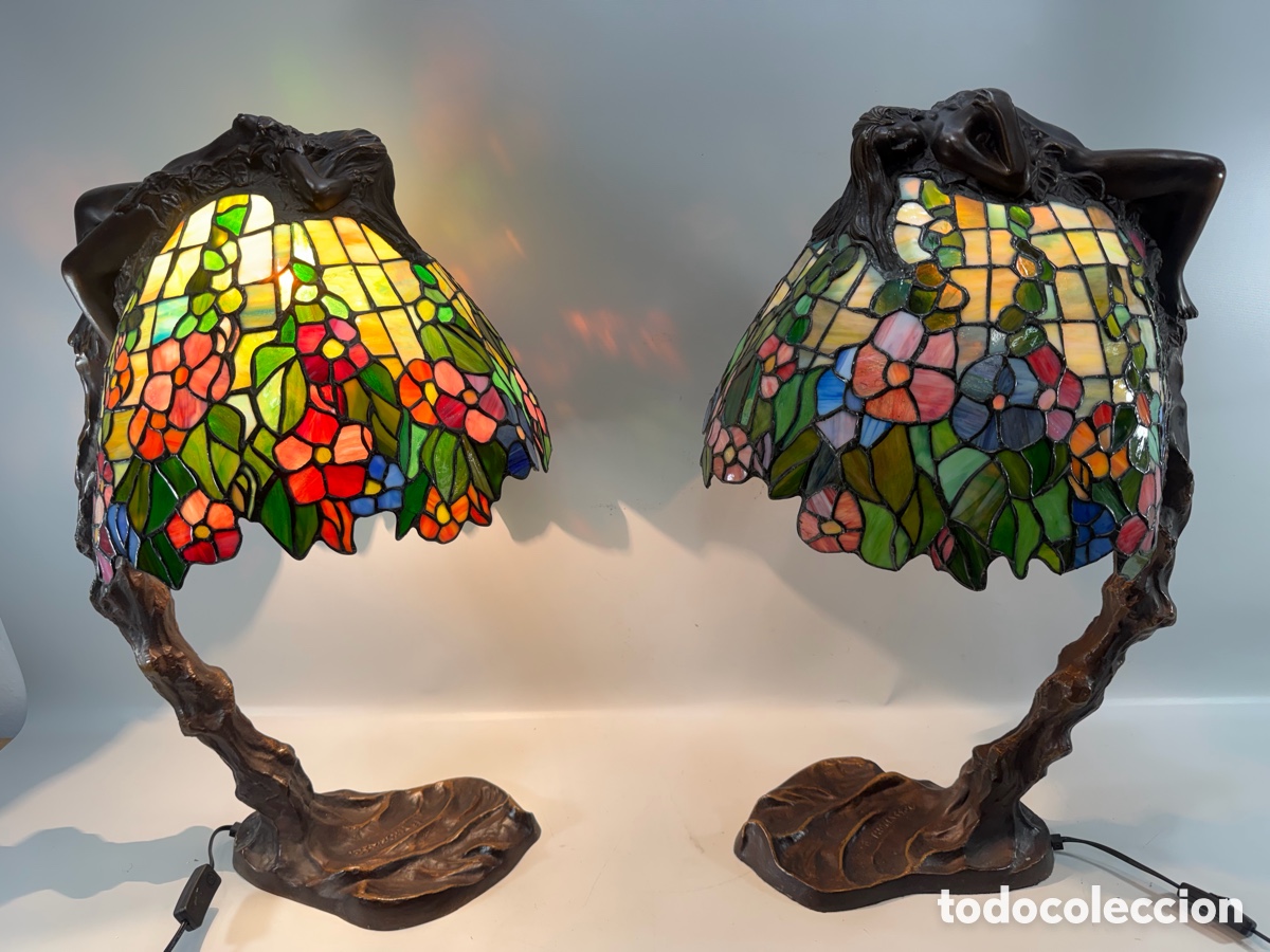 Antig&uuml;edades: Pareja de L&aacute;mparas Esculturales Art Nouveau - Estilo Tiffany