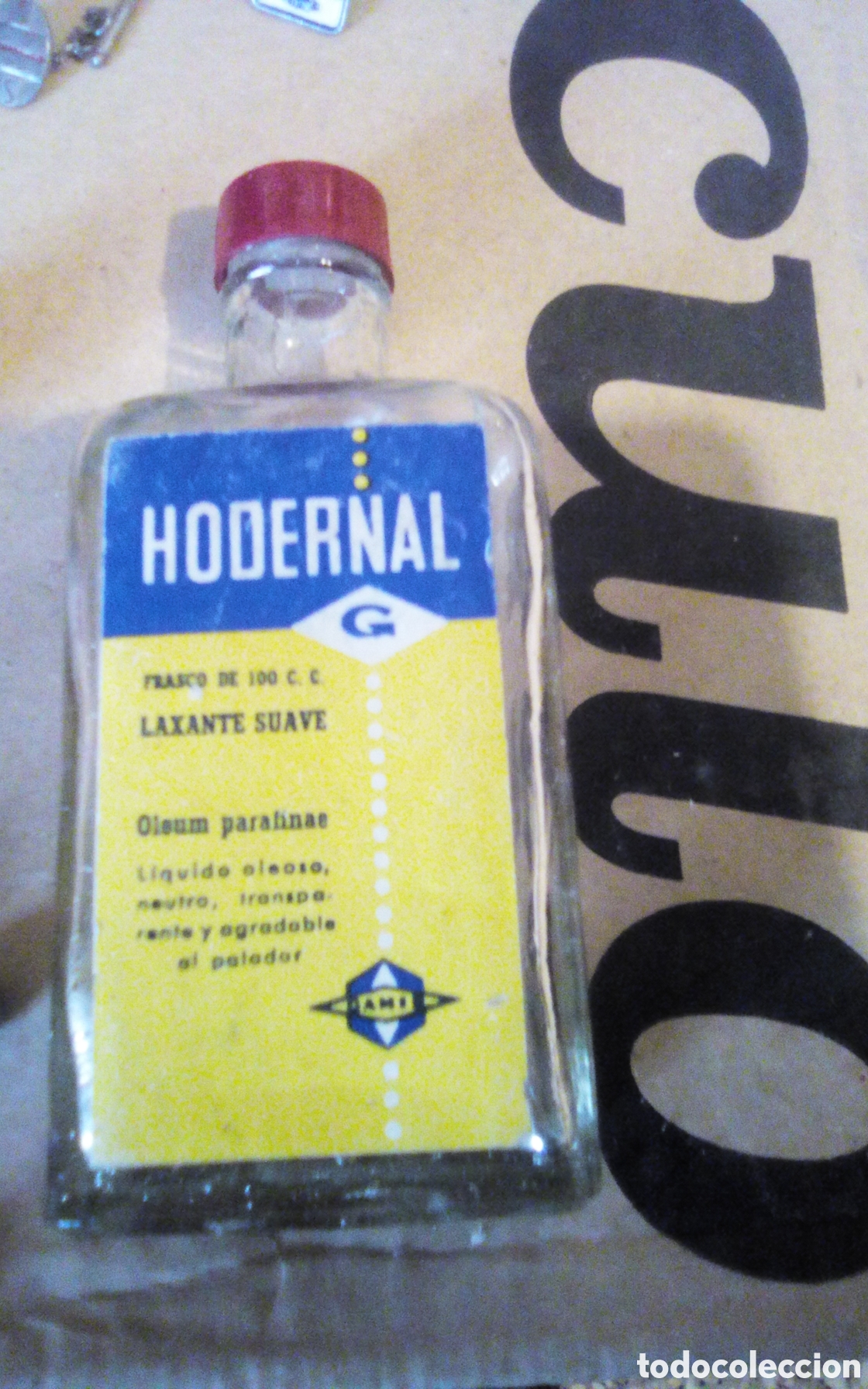 Antig&uuml;edades: Frasco vac&iacute;o medicamento Hodernal. Laxante suave. Olsum parafinae. AMI. Laboratorios A. Gamir. Vac&iacute;o