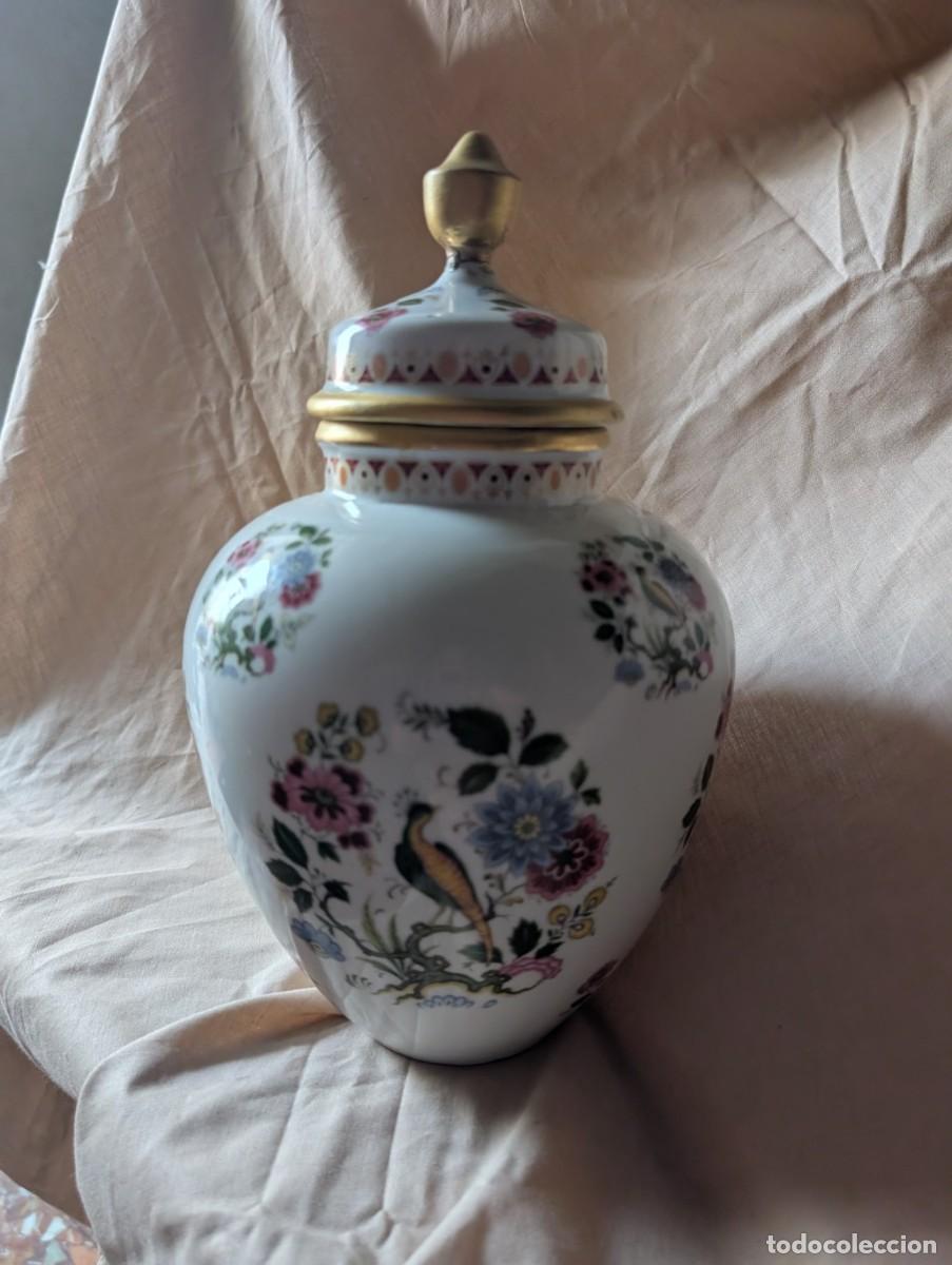Antig&uuml;edades: Jarr&oacute;n urna vintage Sango de porcelana con tapa &ndash; aves, flores y dorados &ndash; 28 cm