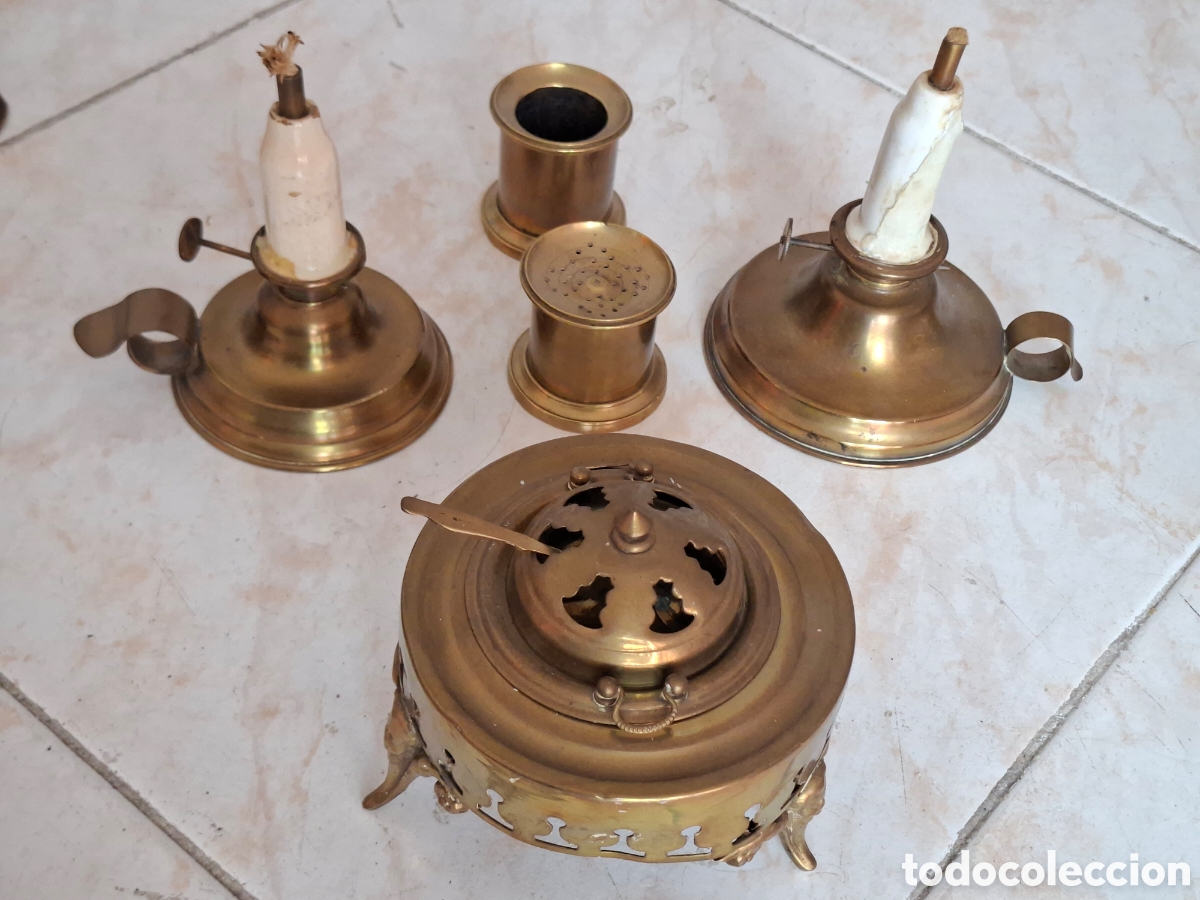 Antig&uuml;edades: Antiguedades brasero candil palmatoria vela con mecha, inciensario Laton y bronce