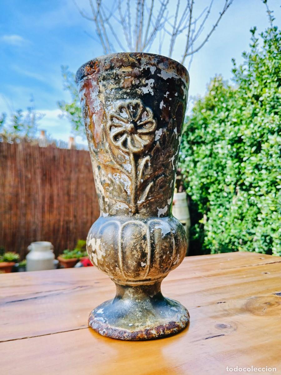 Antiquit&eacute;s: JARDINERA DE EXTERIOR MODERNISTA COPA DE HIERRO ESMALTADA FLORERO VIOLETERO ANTIGUO
