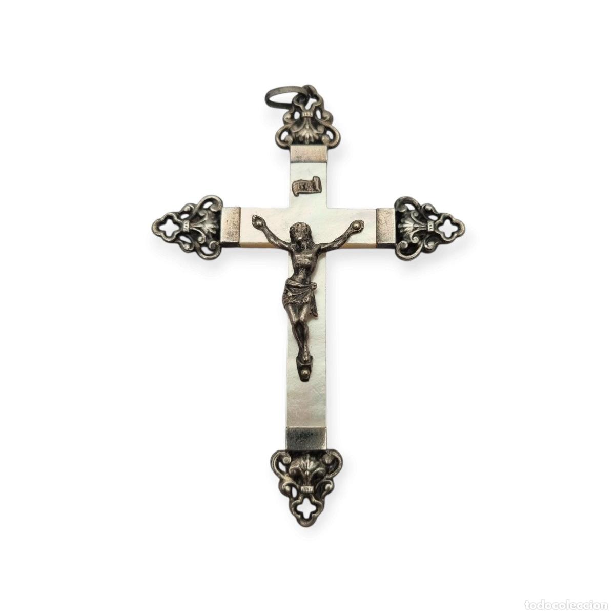 Antig&uuml;edades: Crucifijo antiguo de plata y n&aacute;car, Art Nouveau neog&oacute;tico, ca. 1910-1920