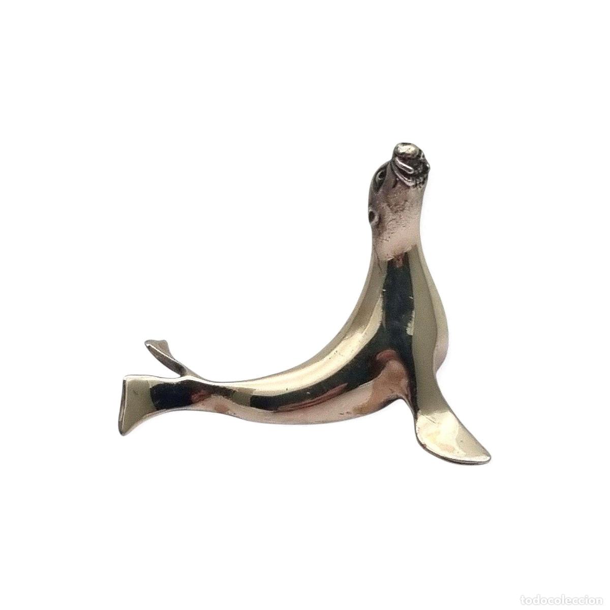 Antig&uuml;edades: Figura foca en plata vintage, miniatura animalier europea, escultura decorativa colecci&oacute;n, circa 19