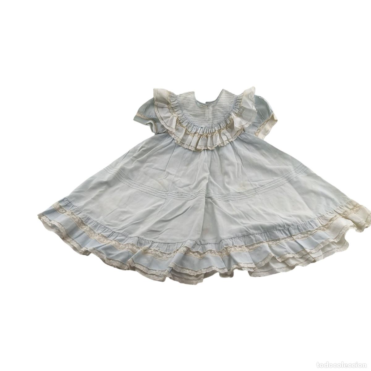 Antig&uuml;edades: Antiguo vestido fald&oacute;n de beb&eacute; / ni&ntilde;a o mu&ntilde;eca grande en hilo azul pastel con chorrera, alforzas y e