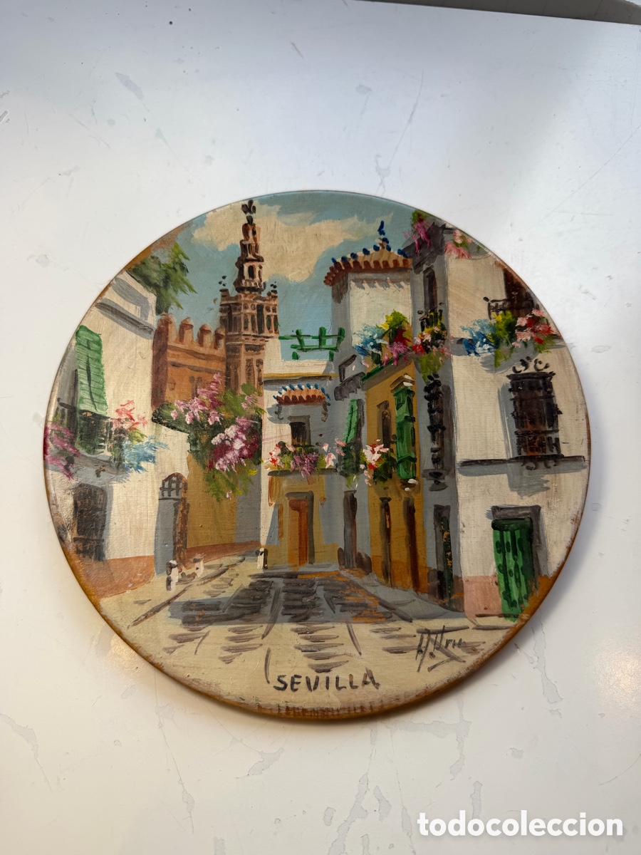 Antig&uuml;edades: Excepcional plato &oacute;leo Sevilla Santa Cruz firmado