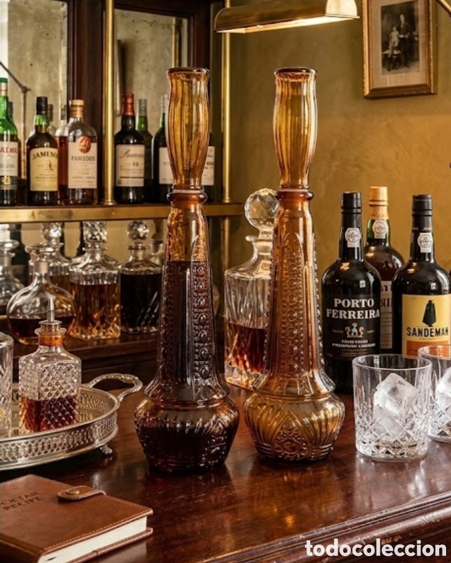 Antig&uuml;edades: Pareja Botellas Genie Dabs Portugal Vidrio &Aacute;mbar Vintage 70s