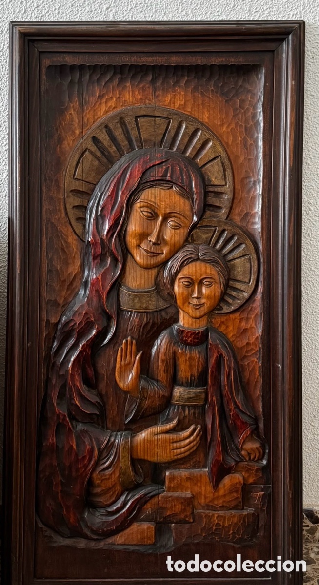 Antig&uuml;edades: Bajorrelieve Religioso Vintage En Madera - Virgen Mar&iacute;a Y Ni&ntilde;o Jes&uacute;s