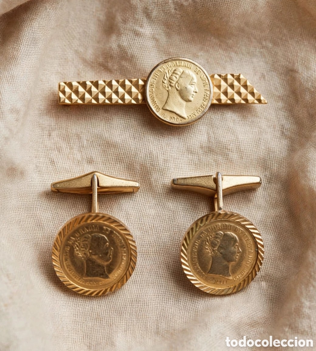 Antiquit&eacute;s: Conjunto Pisacorbatas y Gemelos Isabel II Espa&ntilde;a