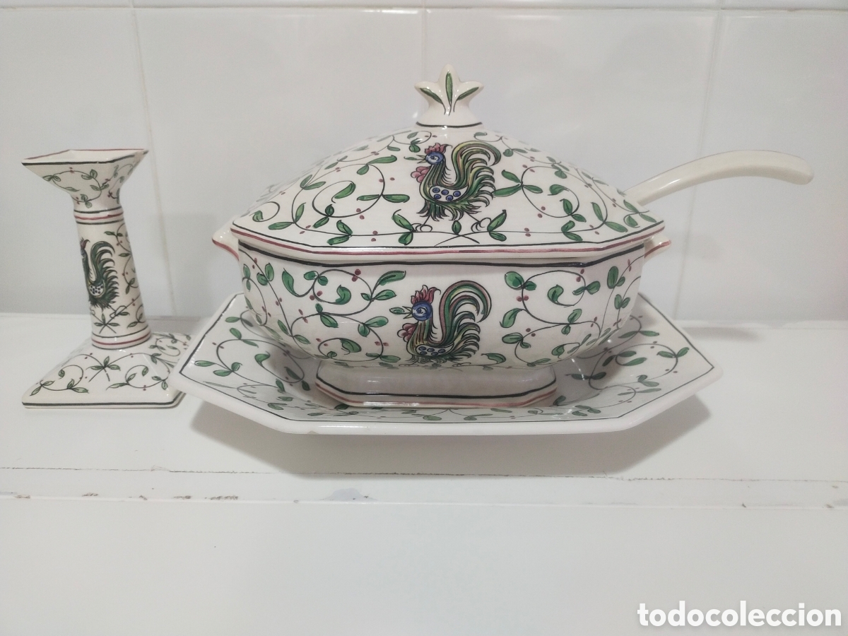Antig&uuml;edades: Conjunto Sopera y Candelabro Cer&aacute;mica Outeiro &Aacute;gueda Portugal Pintado a Mano Vintage