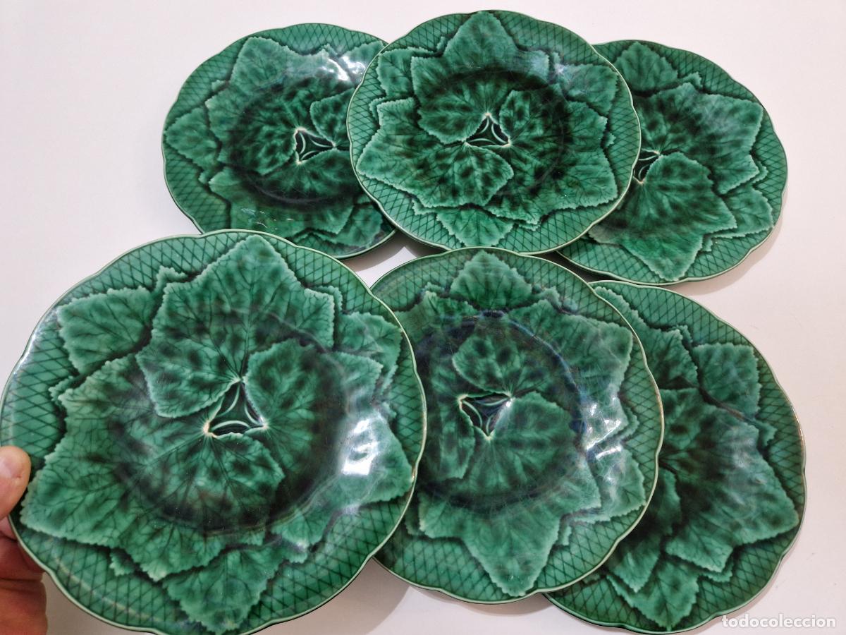 Antig&uuml;edades: Antiguo Juego 6 Plato fruta ceramica verde may&oacute;lica Gien, plato franc&eacute;s Primefleur dise&ntilde;o hoja vid